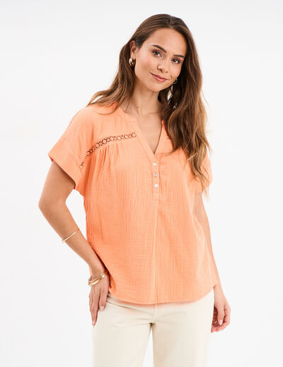 Blouse manches courtes gaze de coton orange corail femme