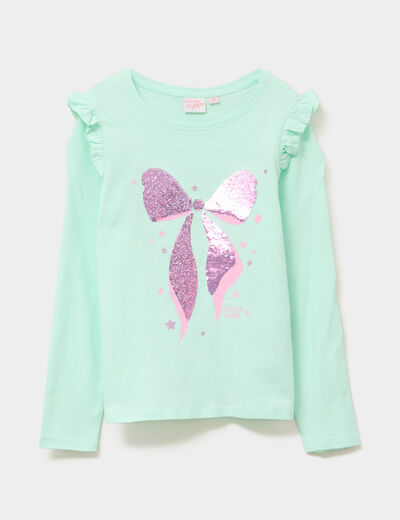 T-shirt à manches longues sequins coton vert clair fille