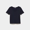 Pull ajour&eacute; col rond manches courtes bleu fonc&eacute; femme