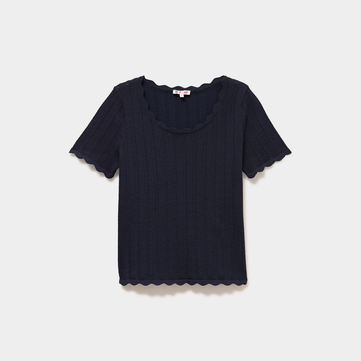 Pull ajour&eacute; col rond manches courtes bleu fonc&eacute; femme