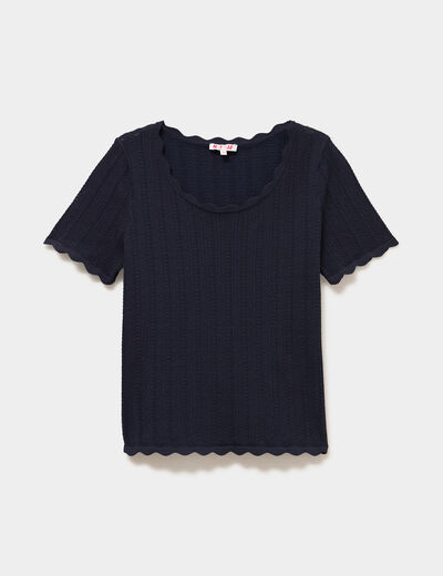 Pull ajour&eacute; col rond manches courtes bleu fonc&eacute; femme