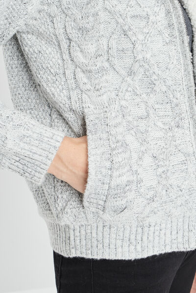 Gilet zippé doublure sherpa à capuche gris femme