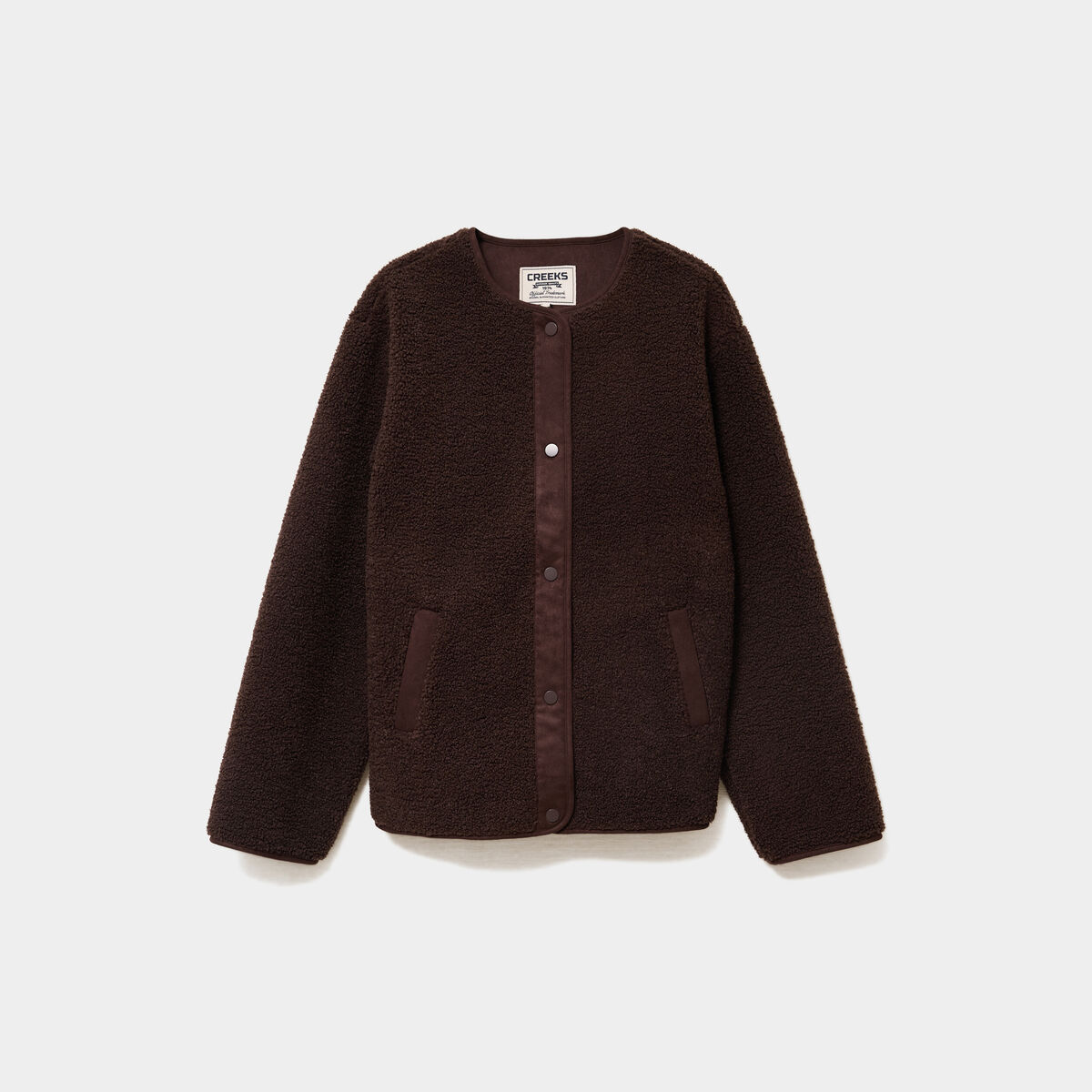 Veste effet polaire boutonn&eacute;e col rond marron fonc&eacute; femme