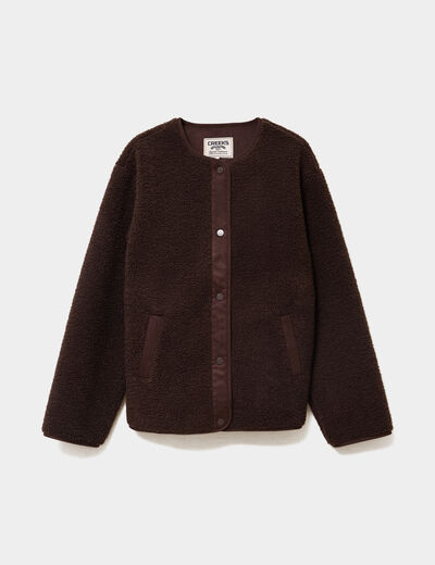 Veste effet polaire boutonn&eacute;e col rond marron fonc&eacute; femme