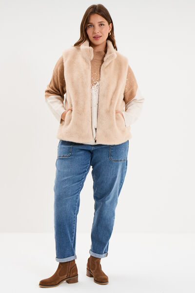 Gilet fausse fourrure col montant zipp&eacute; beige femme grande taille