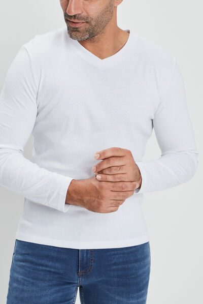 T-shirt manches longues col V blanc homme