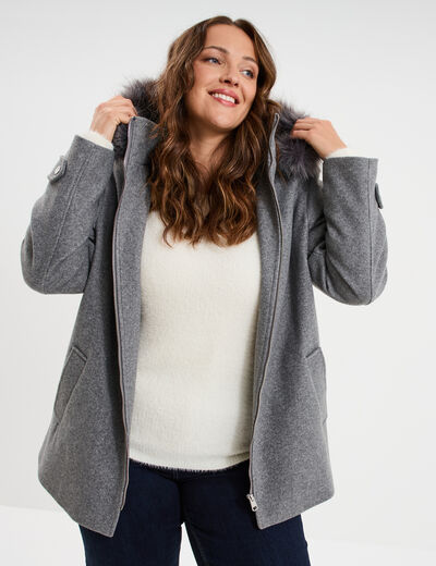 Manteau zipp&eacute; &agrave; capuche fausse fourrure gris femme grande taille