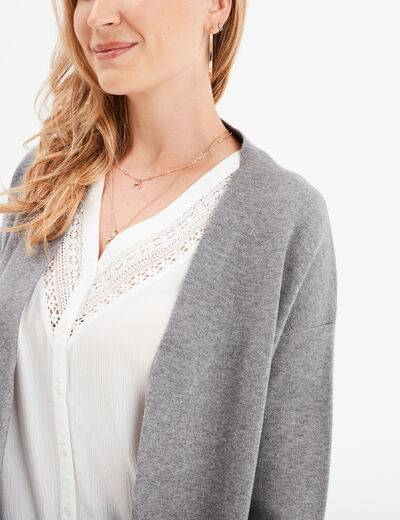 Gilet long manches longues 2 poches gris femme