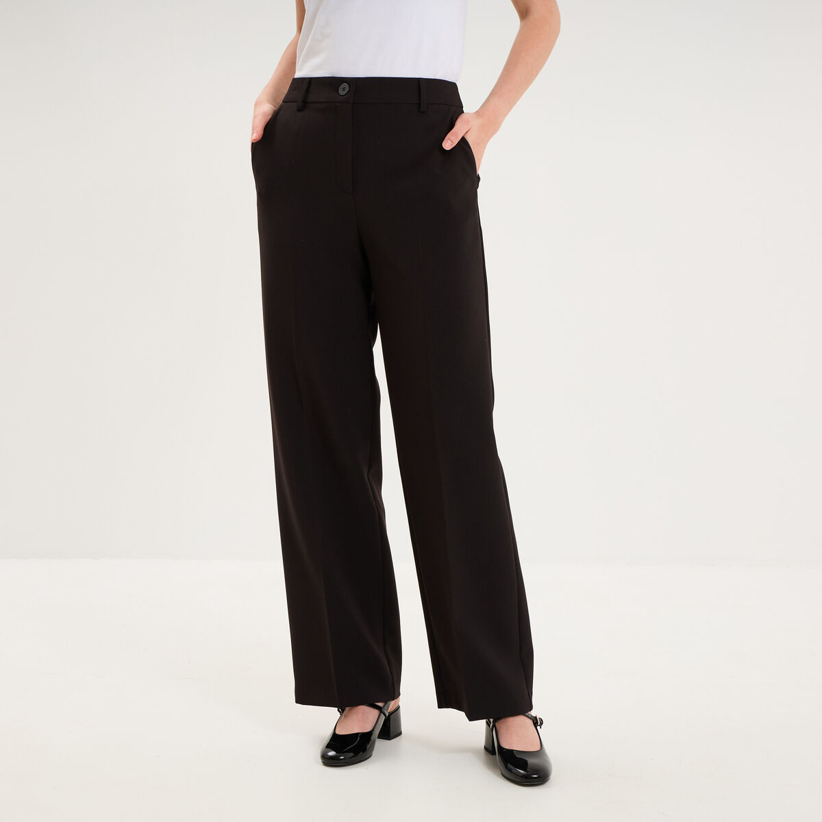 Pantalon droit effet cr&ecirc;pe &agrave; pinces noir femme