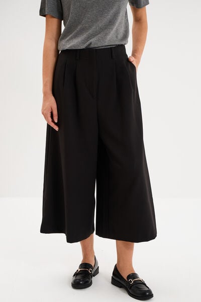 Pantalon culotte large taille haute noir femme