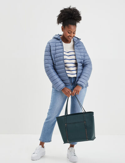 Doudoune l&eacute;g&egrave;re d&eacute;perlante &agrave; capuche bleu gris femme
