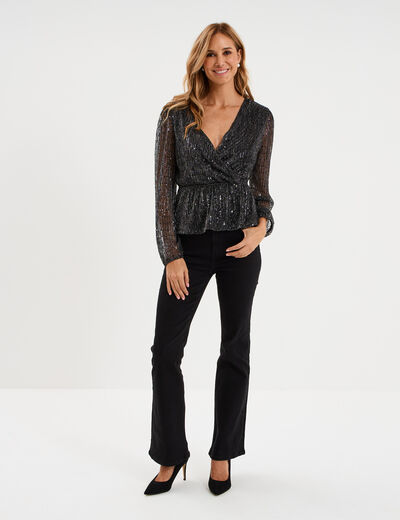 Blouse sequins avec col cache-coeur noir femme
