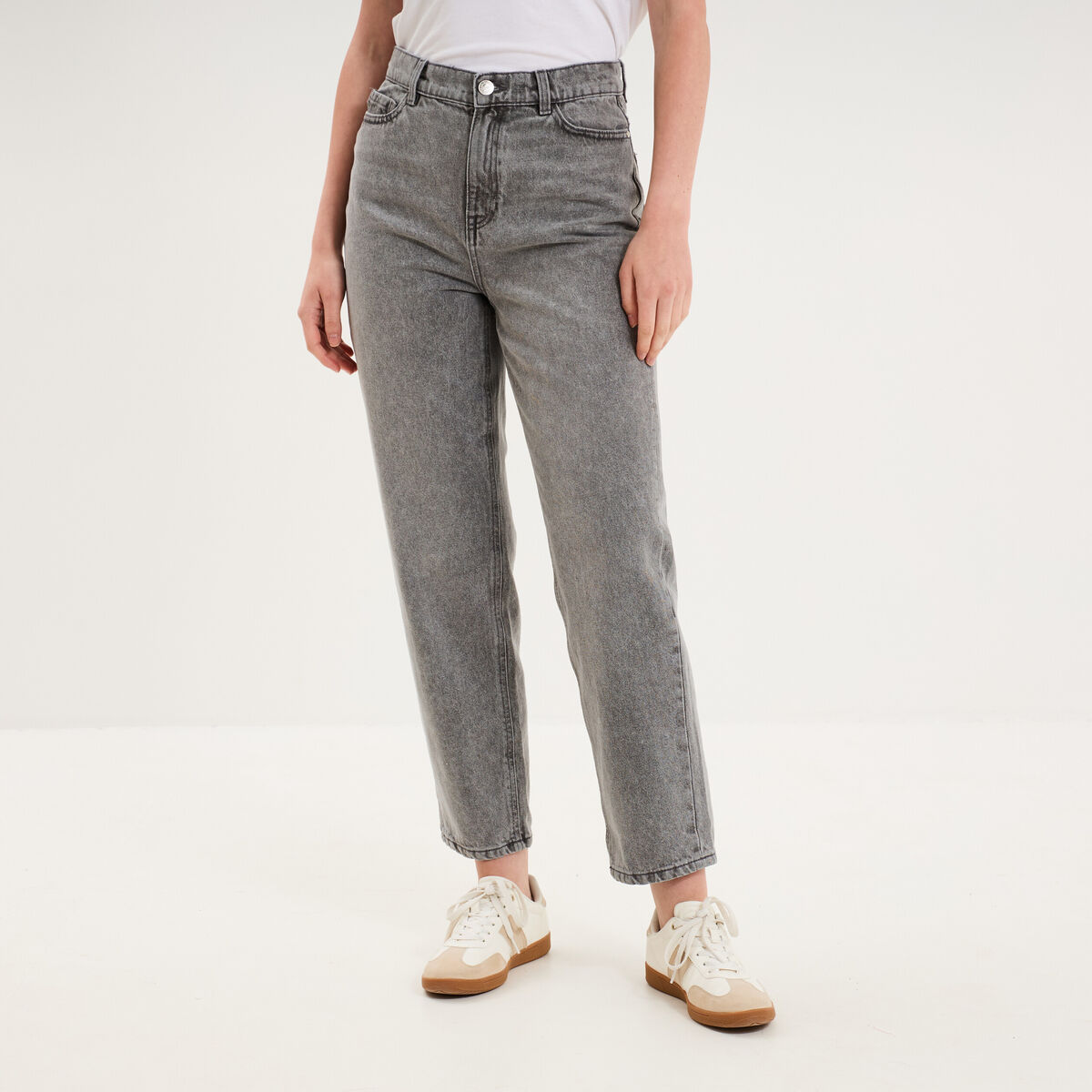 Jeans mom cropped taille haute denim gris clair femme