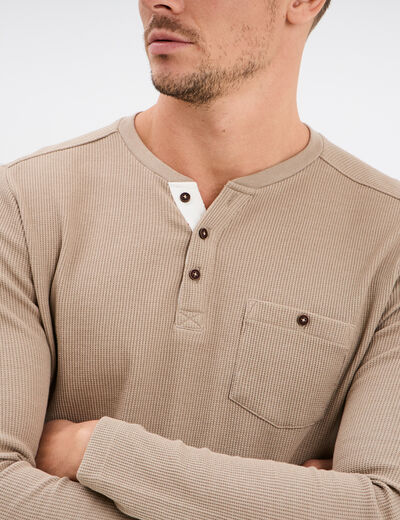 T-shirt col tunisien 1 poche Trappeur taupe homme