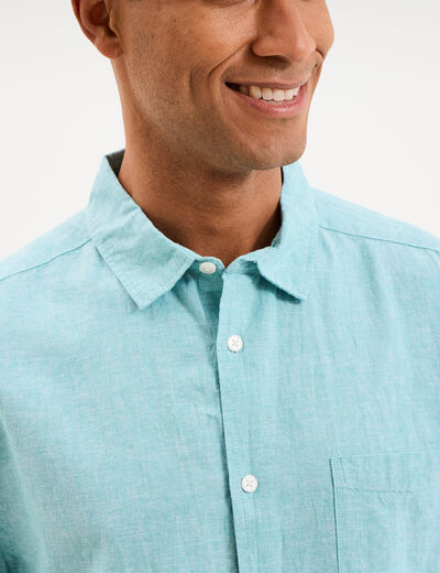 Chemise manches courtes lin m&eacute;lang&eacute; bleu turquoise homme