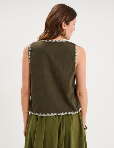 Gilet sans manches brod&eacute; gaze de coton vert kaki femme