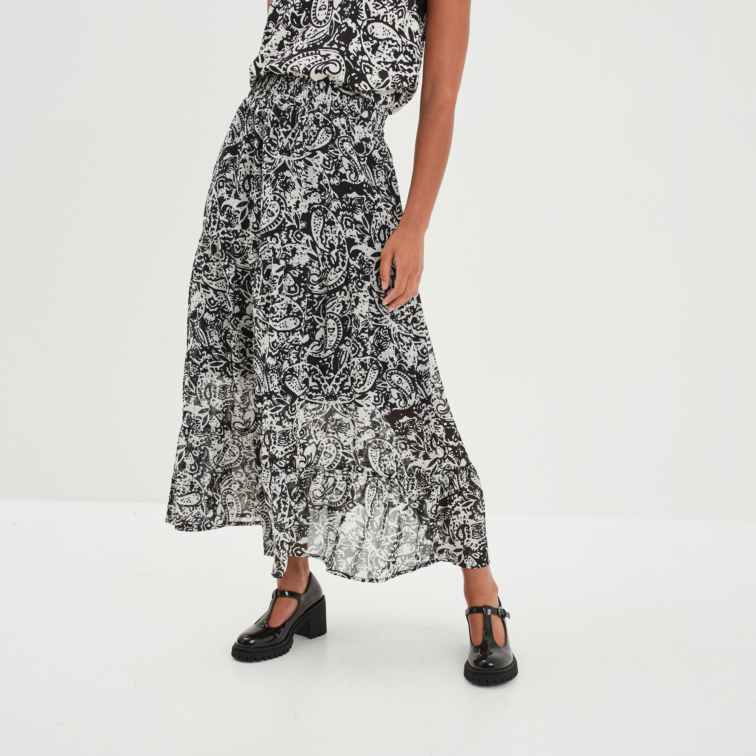 Jupe midi fluide volantée noir femme LH