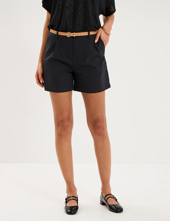 Short chino large taille haute ceintur&eacute; noir femme