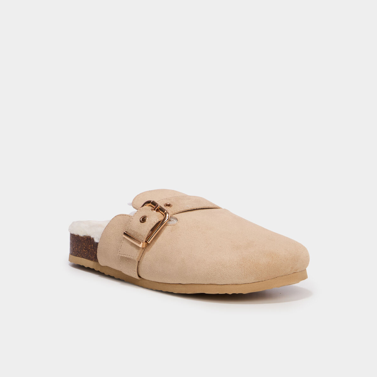 Mules fourr&eacute;es avec boucles sable femme