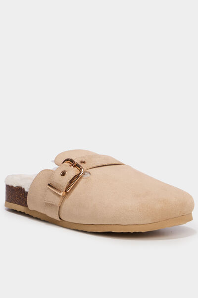 Mules fourr&eacute;es avec boucles sable femme