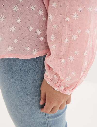 Blouse brod&eacute;e manches ballons rose femme grande taille