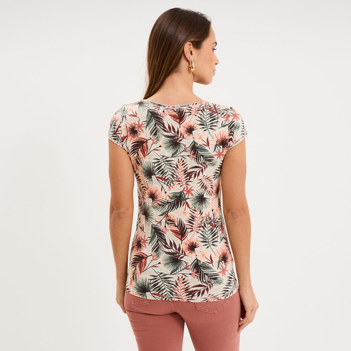 T-shirt col V droit manches courtes vert kaki femme