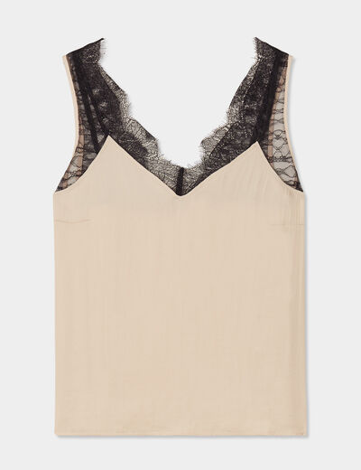 Caraco col V avec dentelle beige femme