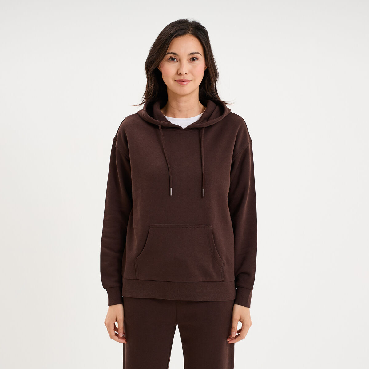 Sweat hoodie 1 poche &agrave; capuche marron fonc&eacute; femme