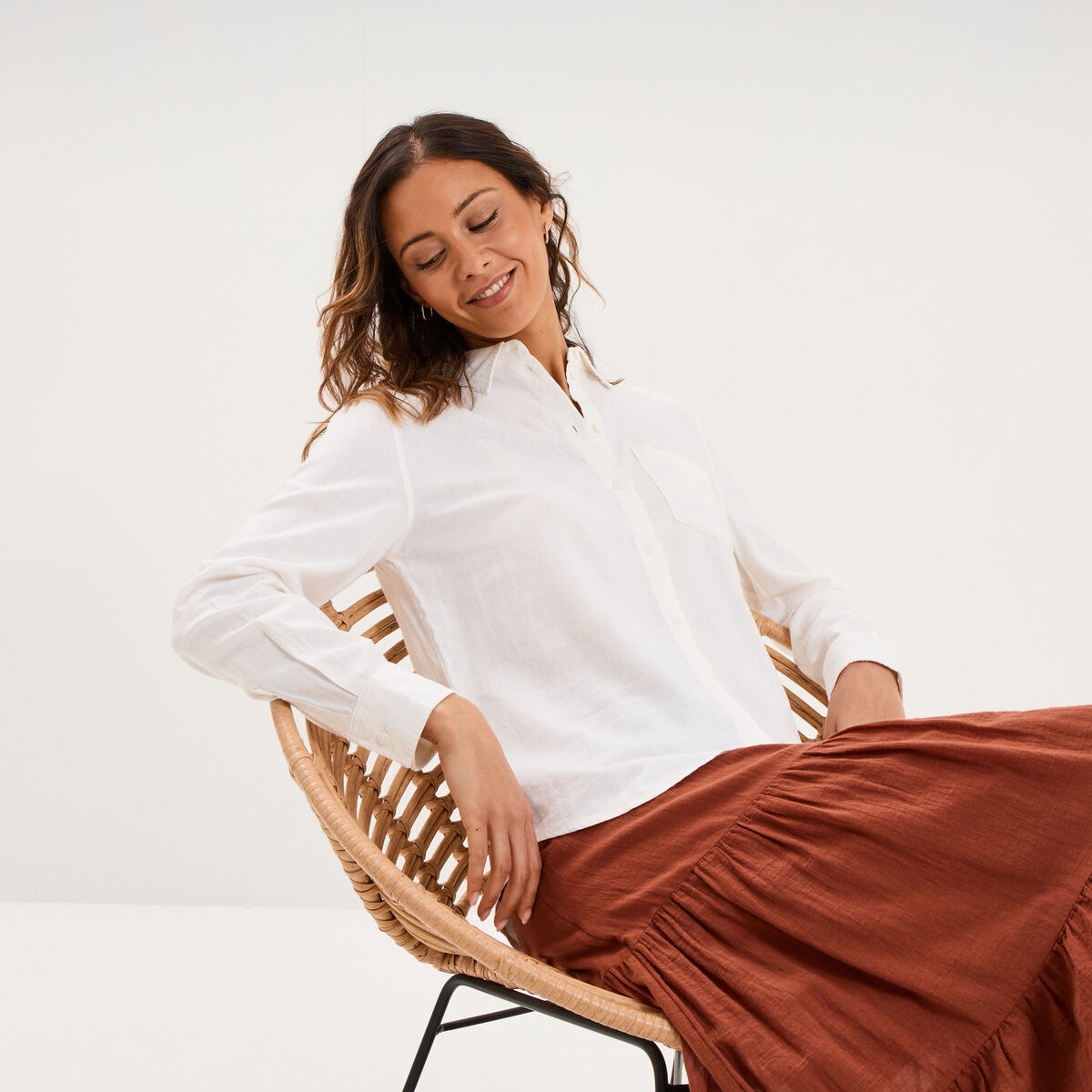 Chemise lin m&eacute;lang&eacute; manches longues blanc femme