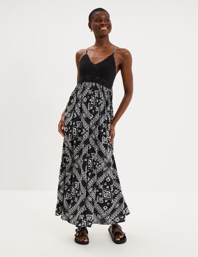 Robe longue buste effet crochet noir femme