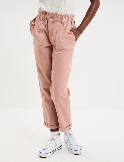 Pantalon paperbag cropped coton vieux rose femme