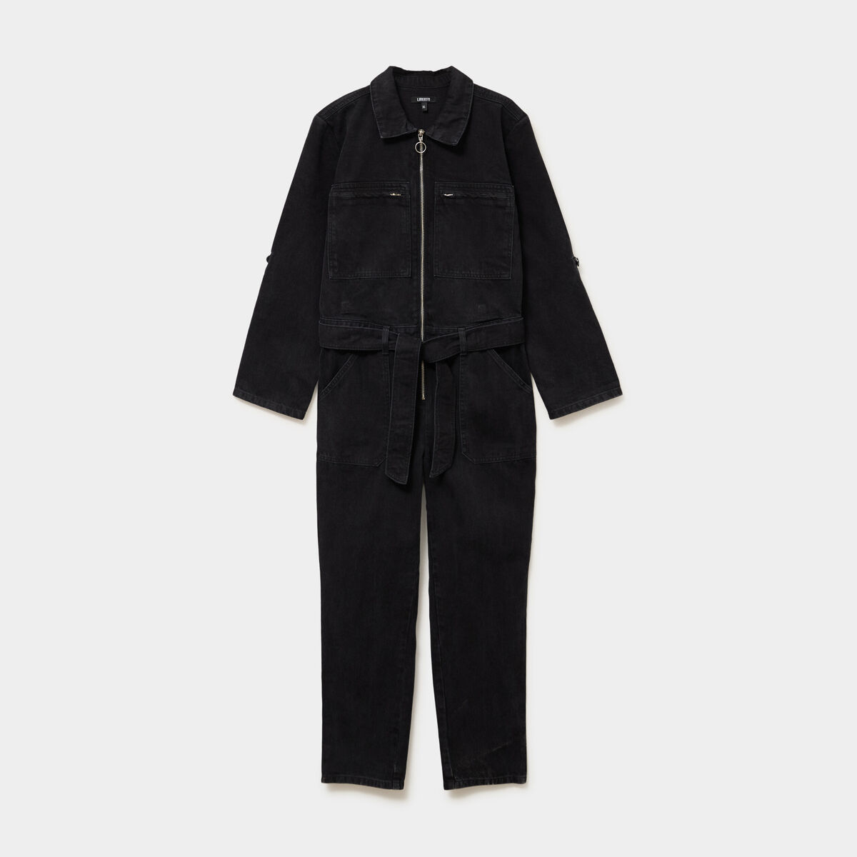 Combinaison pantalon en jean ceintur&eacute;e denim noir femme