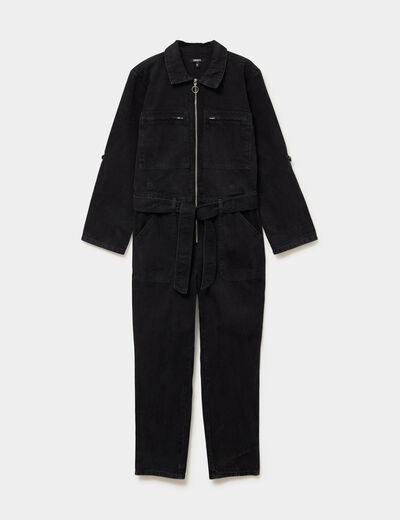 Combinaison pantalon en jean ceintur&eacute;e denim noir femme