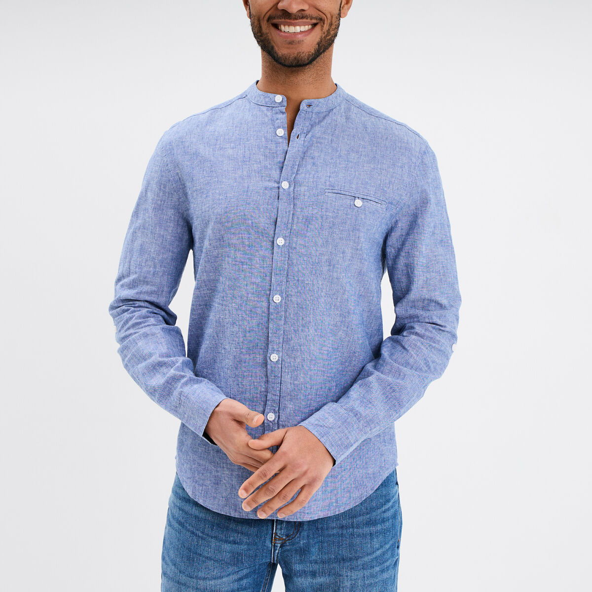 Chemise col mao lin mélangé bleu homme