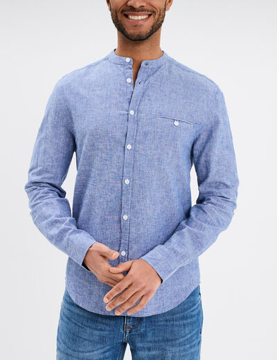 Chemise col mao lin mélangé bleu homme