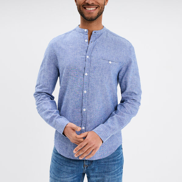 chemise col mao lin melange bleu homme Chemise col mao lin mélangé bleu homme
