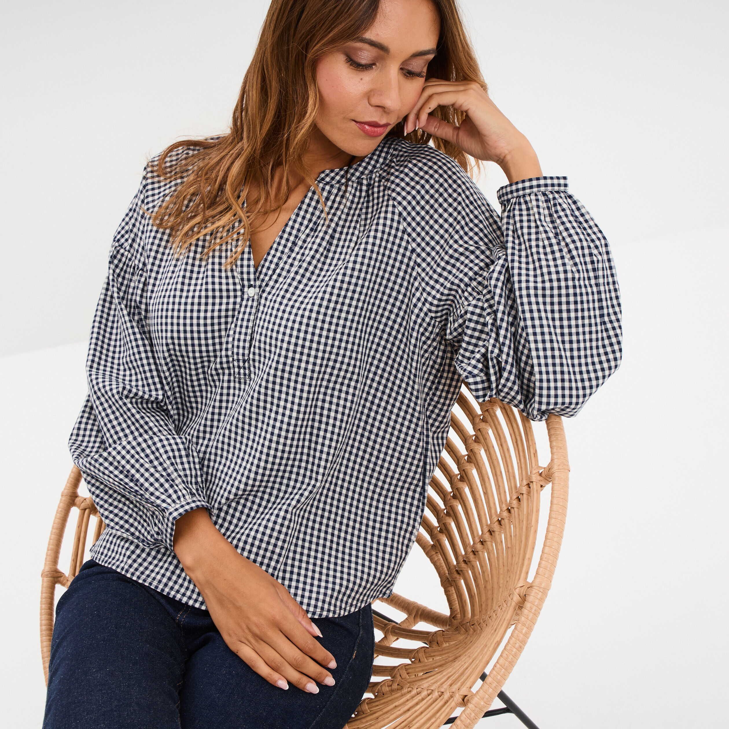 Blouse oversize col tunisien coton bleu marine femme CREEKS