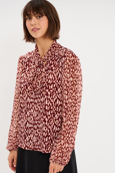 Blouse col lavalli&egrave;re manches longues bordeaux femme