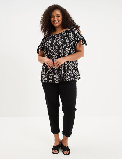T-shirt gaufr&eacute; avec manches &agrave; noeuds noir femme grande taille