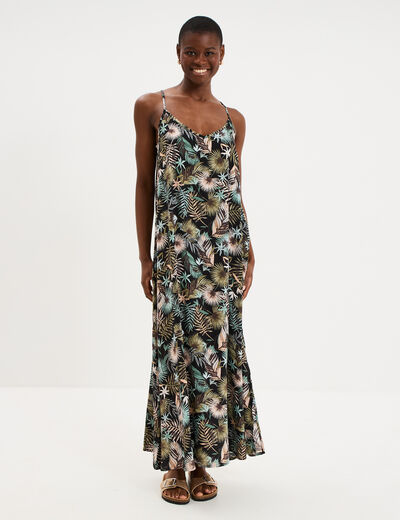 Robe longue droite fluide &agrave; bretelles noir femme