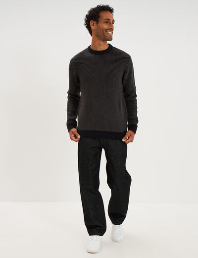 Pull c&ocirc;tel&eacute; col rond manches longues noir homme