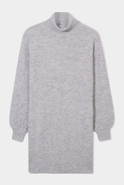 Robe pull col roulé courte droite gris clair femme