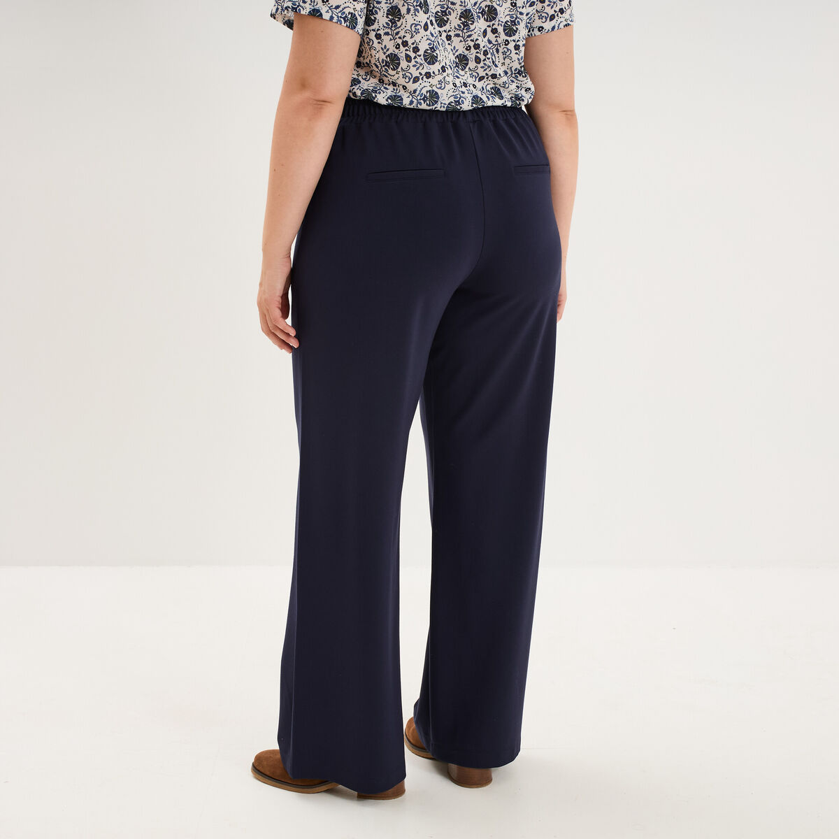 Pantalon large taille haute bleu fonc&eacute; femme grande taille