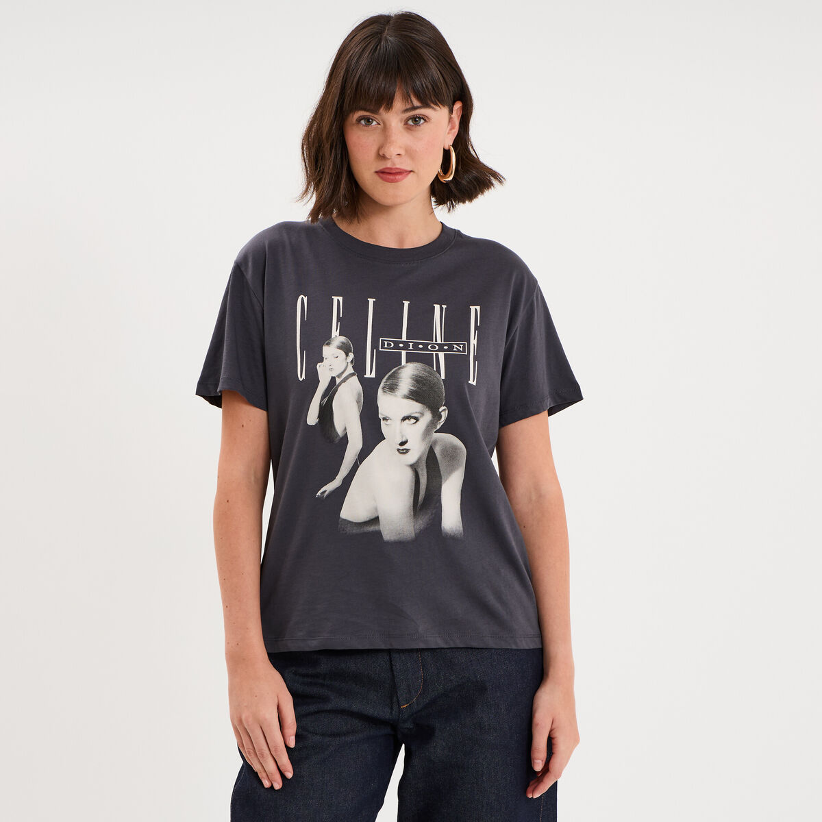 T-shirt droit coton C&eacute;line Dion gris fonc&eacute; femme