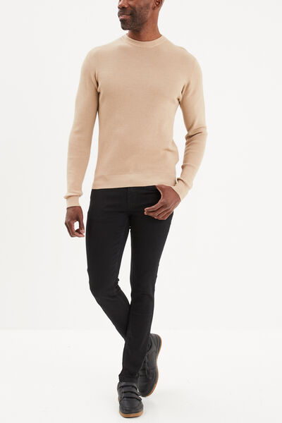Pull en maille textur&eacute;e col rond beige homme