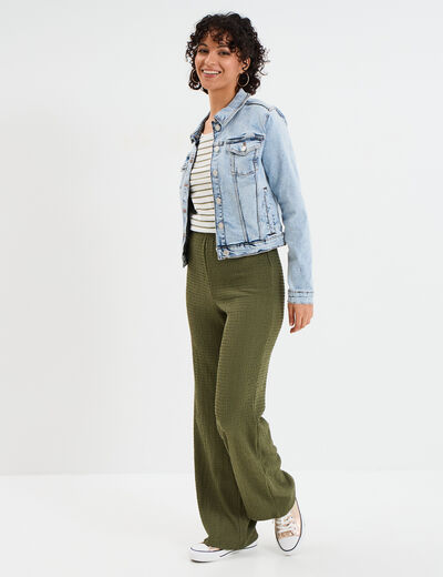 Pantalon effet gaufré taille élastiquée vert kaki femme