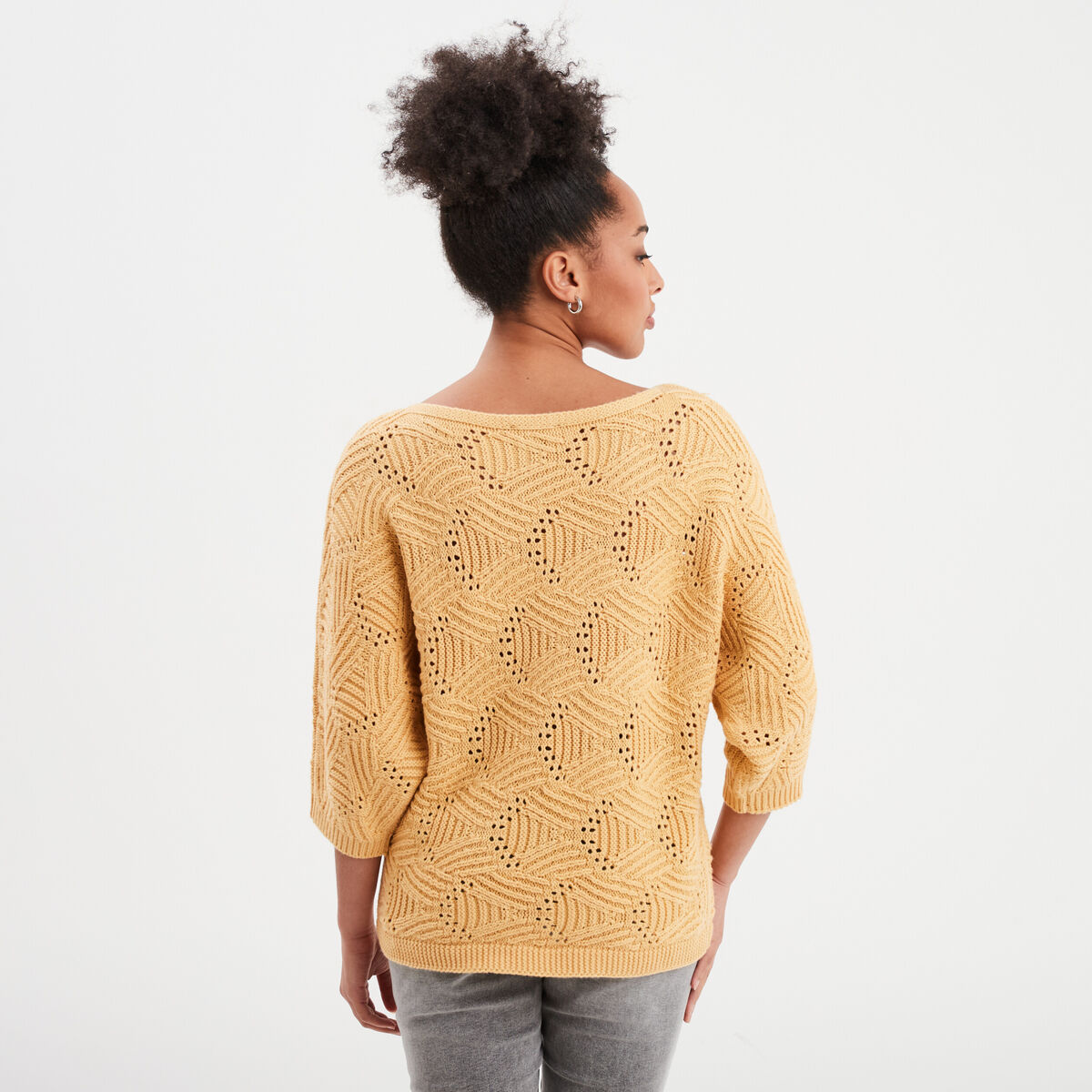 Pull ajour&eacute; manches 3/4 Liberto jaune clair femme