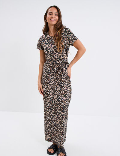 Robe midi taille effet noué coton beige femme
