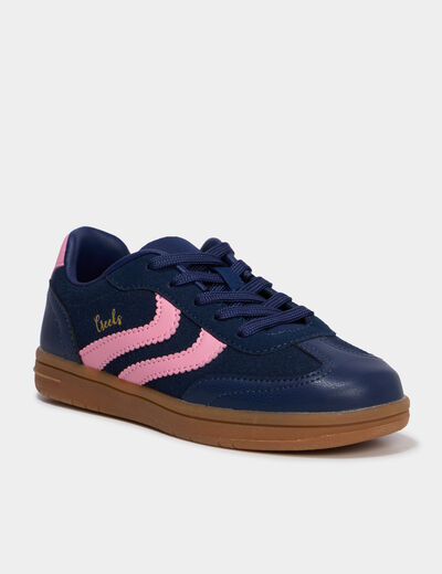 Baskets &agrave; lacets mix mati&egrave;res bleu marine fille