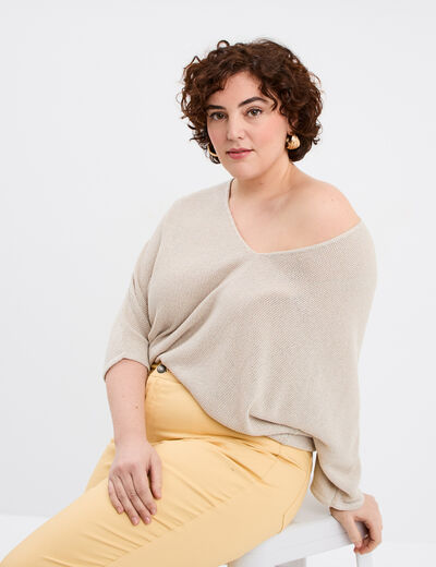 Pull manches 3/4 col en V gris clair femme grande taille